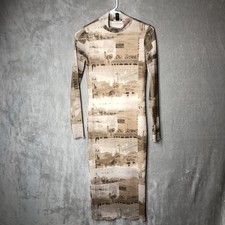 Mesh Bodycon Maxi Dress Size S Tan Brown Newsprint Y2K Graphic Streetwear