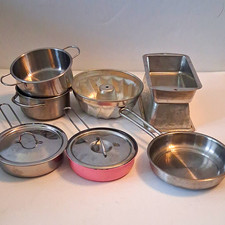 Vintage Metal Pretend Play Cookware Lot Pots Pans Lids Bundt Mold Silver
