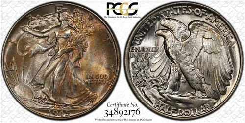 1945 Walking Liberty Half Dollar PCGS MS65 50C Toned Toning Graded .900 Silver