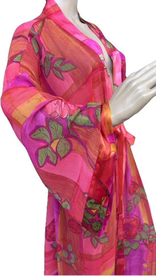 Bata/Vestido Maxi de Lujo de Satén Solange Sx 3X-22/28 Naranja Rosa Floral Diosa Robe Foto 2 de 4