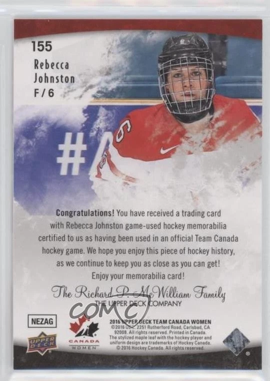 2016 Upper Deck Team Canada Juniors Women's Jersey Rebecca Johnston #155 - Image 2 of 2