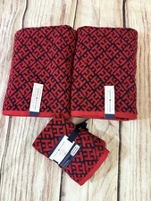 Tommy Hilfiger Towel Set of 4 - 2 Bath, 2 Hand Towels Red-Navy Monogram Logo