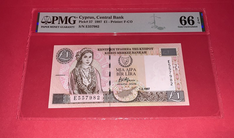 PMG Cyprus, Central Bank 1 Pound 1997 Gem Unc 66 EPQ p57 