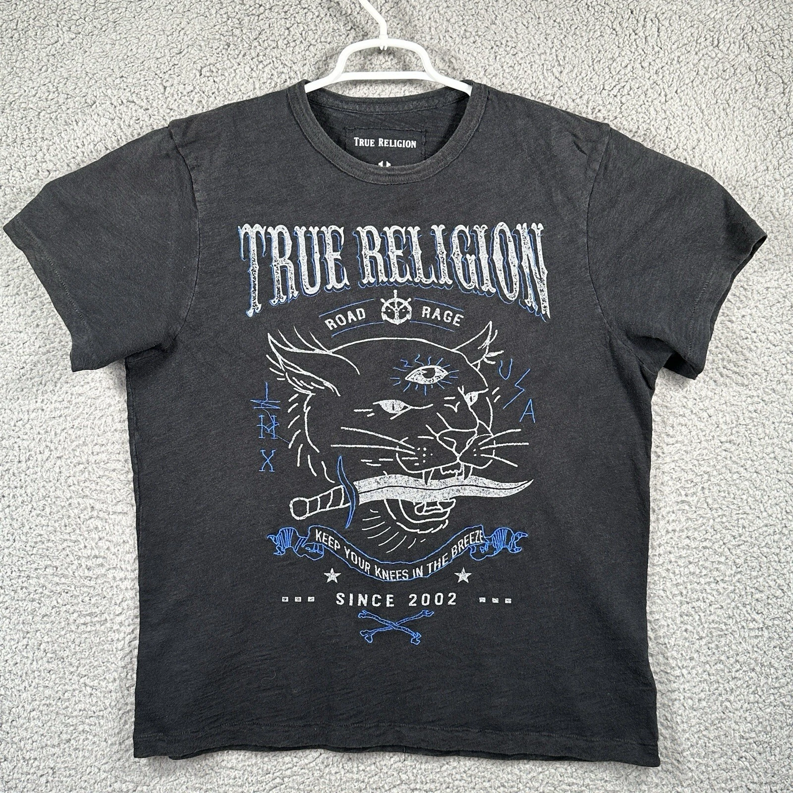 True Religion Graphic T-Shirt Mens L Road Rage Panther Black Short Sleeve 3 Eye