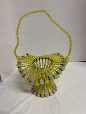 VTG Yellow Easter Basket Handmade Safety Pin Clear Beaded Approx 7 "