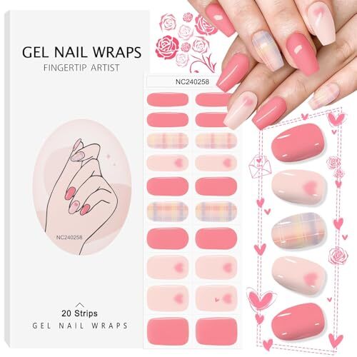 20PCS Valentine's Day Nail Wraps Pink Heart Nail Strips Valentine Semi-Cured - Picture 4 of 7