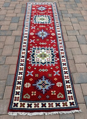 New Fine Quality Tribal Kazakh Runner Handmade in India, Thick Soft Pile, 2x9