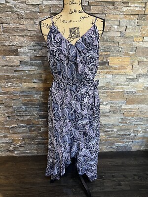 Romantic Boho Chic Paisley Dress V-Neck Ruffle High-Low Hem Lined Sz Med