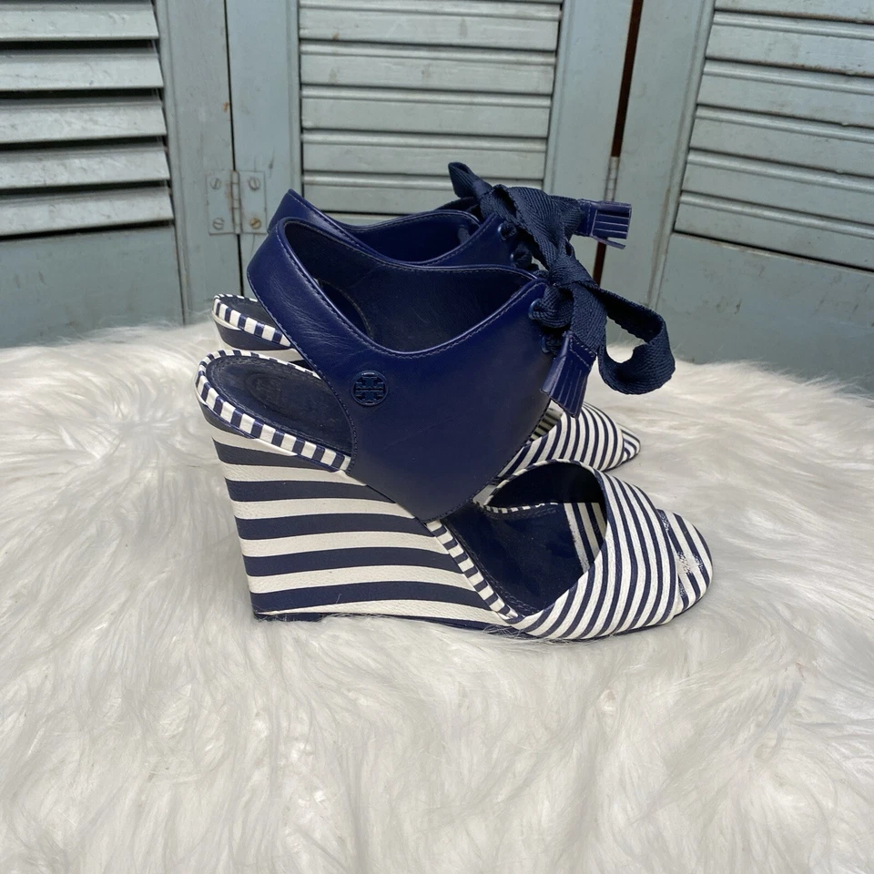 Cuña de cuero con cordones a rayas marítimas Tory Burch azul y blanco talla 8,5 M Foto 4 de 4
