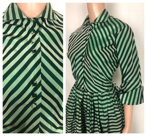 Vintage 1940s 1950s Green Sharkskin Taffeta Chevron Striped Gown Small XS - Picture 7 of 10
