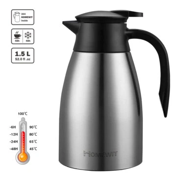 HOMUCASA 1,5 liter Isolierkanne Edelstahl Thermoskanne Warmhaltekanne für Kaffee Tee Neu