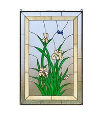 Tiffany Style stained glass panel hanging window panel iris flower. 24" x 36"