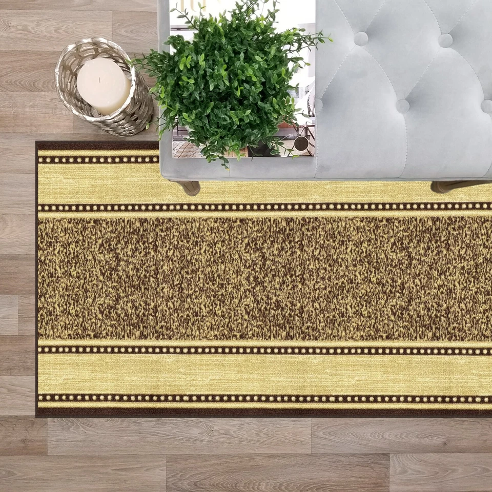 Custom Size Stair Hallway Runner Rug Non Slip Rubber Back Brown & Beige Border - Image 2 of 4