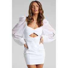 Showpo. Dress Bell Sleeve White Ruched Mini Lillian Cutout Size 8 Womens
