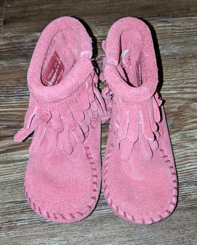 Minnetonka infant girls pink double fringe bootie moccasins size 2 - Picture 3 of 5