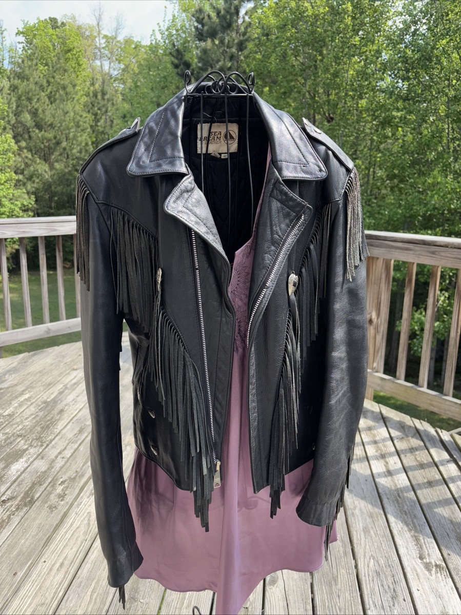 Vintage Sea Dream Leather Fringe Black Leather Jacket 80s As Is