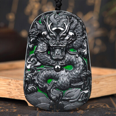 Grade A Natural Black Green Jade Jadeite Pendant Carved Dragon Amulet