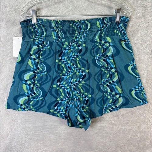 O'Neill Women's Smocked Waist Shorts NWT Teal Green Patterned High Rise XL - Picture 6 of 14