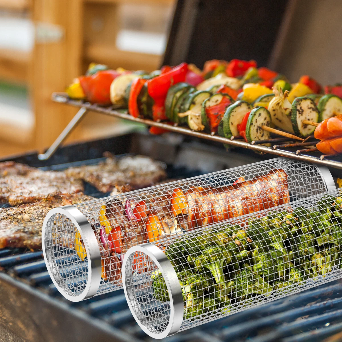 Rotisserie Basket Stainless Steel Grilled Cage BBQ Rolling Grill Basket brWqR