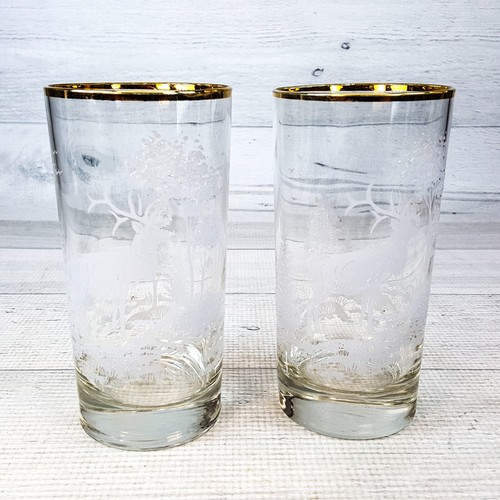 Vintage Highball Glass Set 2 White Textured Buck Deer Trees Forest Scene w Gold - Picture 2 of 9