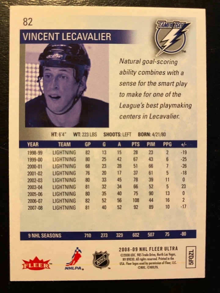 Vincent Lecavalier 2008-09 NHL Fleer Ultra Gold Medallion #82 Tampa Bay - Image 2 of 2
