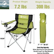 VILLEY Padded Camping Folding Chair Green with Cup Holder&Carry Bag Portable New