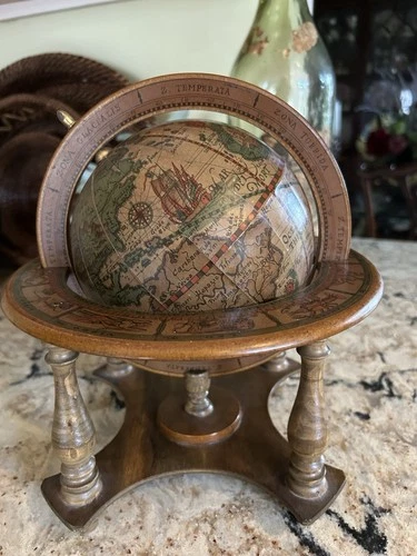 Vintage Italian Olde World Globe and Zodiac Wood Stand Navigator's Desk Top