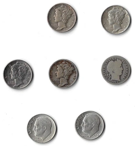 Lot of  Silver Dimes, Barber, Mercury, Roosevelt - 7 dimes - read details