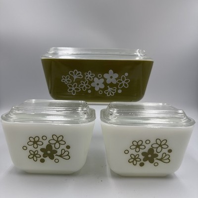 VINTAGE ~ PYREX ''SPRING BLOSSOM'' 6 PIECE REFRIGERATOR DISH SET ~ 502 ~ 501 LIDS
