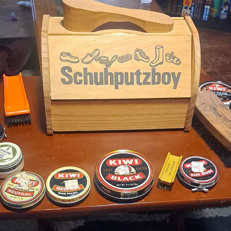 Schuhputzboy Wooden Shoe Shine Box W/ Vintage Kiwi And Cavalier Tins N Brushes