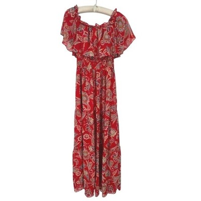 Rabbit Rabbit Rabbit Designs Red Paisley Off Shoulder Maxi Dress Size 6 - AC