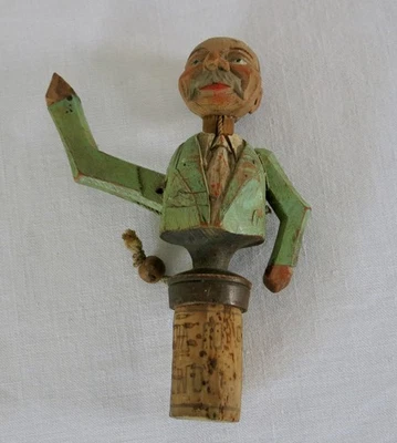 BOUCHON PERSONNAGE, ancien bouchon bois sculpté articulé, art populaire . - Photo 1/4