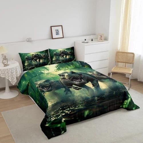 Juego de edredón Dino para niños tamaño para niños ropa de cama dinosaurio verde reina negro Foto 4 de 4