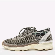 Chanel Silver/Black PVC and Tweed Low Top Sneakers Size 36
