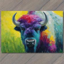 Art Print Bright Rainbow Bison Staring Forward Yellow Field Colorful Horned Buff