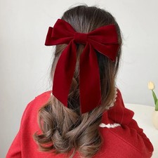 Girls Black Red Big Velvet Bow Hair Clip for Women Vintage Wedding Long Ribbon K