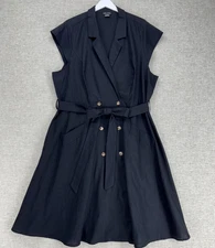 City Chic Dress Womens XL 22 Black Linen Blend Double-Breasted Belted Sleeveless