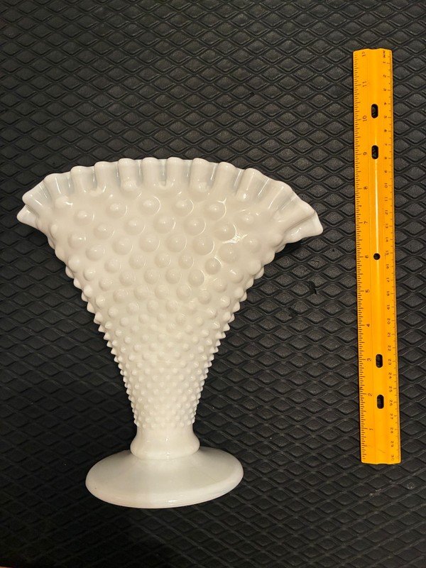 Hobnail Milk Glass 8" Footed Crimped Fan Vase