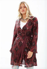 SALE! NWT Sequin, purple Aratta Silent Journey wrap mini dress, bell sleeves S/M