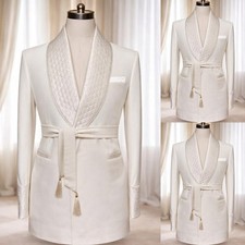 White Mens Smoking Jacket Shawl Lapel with Belt Evening Dinner Party Coat Blazer