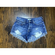 We The Free Free People Distressed Denim Shorts Blue Button Fly Cut Offs Size 26