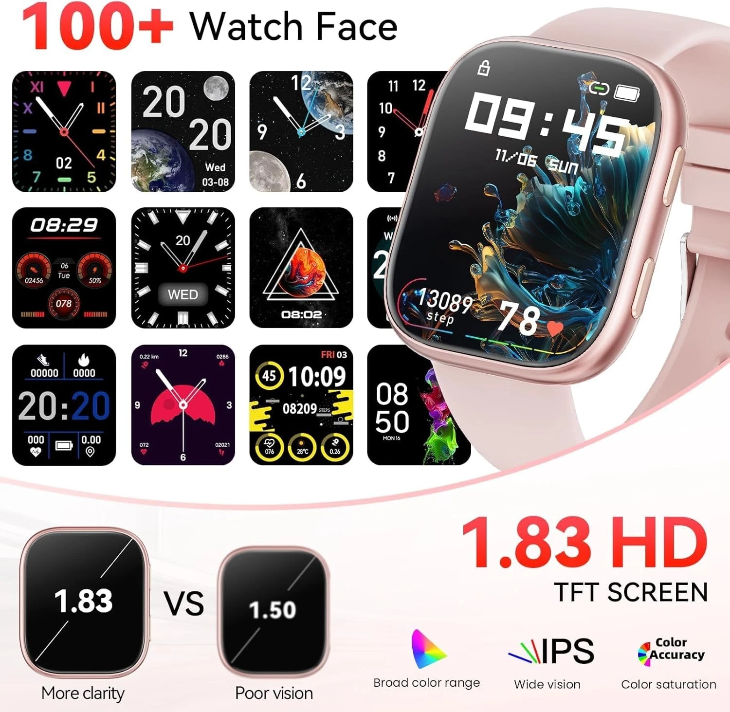 Women Smart Watch 1.83"HD Bluetooth Heart Rate SpO2/Sleep Monitor Android iOS