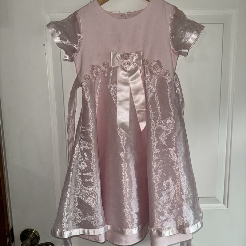 Bonnie Jean Pink w/Pink Sheer Overlay  Dress Size 6 Pearl Bow Flower Satin Fancy