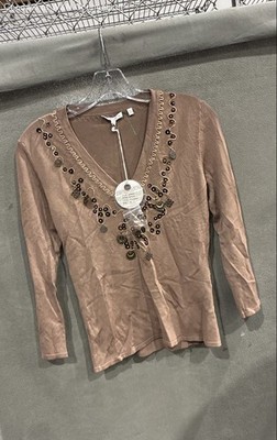 Yuka Women's Light Brown Beaded Sequin Embellished V-Neck Long Sleeve Top Sz M