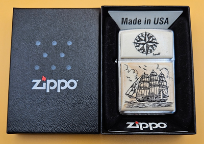 Zippo Lighter 2010 Scrimshaw Three Masted Ship by Donna Ruprecht