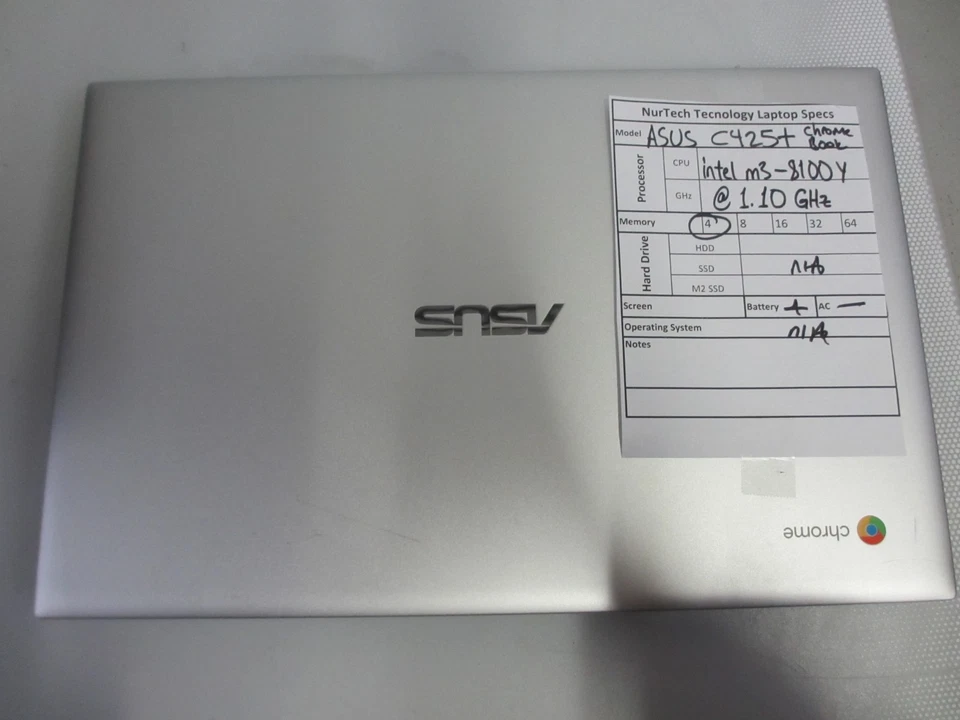 ASUS C425T Chromebook Laptop 4GB, 1.10 GHz, Intel M3- 8100Y SILVER (NO OS/SSD/AC - Image 3 of 4
