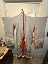 Vintage Gray Padded Kimono Red Lining Cranes Scenic Japan Showa Warm