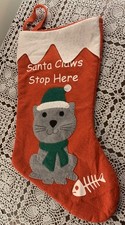 Cat Christmas Stocking Santa Claws Stop Here Red White Felt 16 Inch Gray Kitten