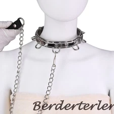 Stainless Steel 8-Ear Neck Collar Metal Bondage BDSM Collar with Traction Chain
