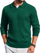 Mens Long Sleeve Knit Polo Sweater V Neck Collared Casual Golf Pullover Top